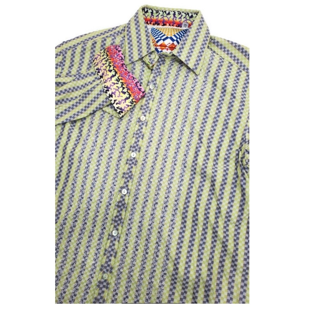 Robert Graham Mens Lime Green Purple Striped Embroidered Button Down Shirt XL